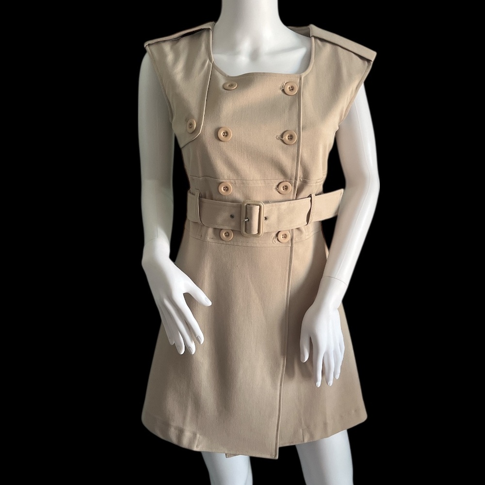 NWT Freeway Tan 1960’s Retro Sleeveless Belted Trench Micro Mini Wrap Dress L